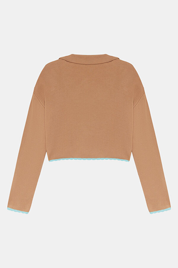 Coffee Bordered Knitted Women's Cardigan 2