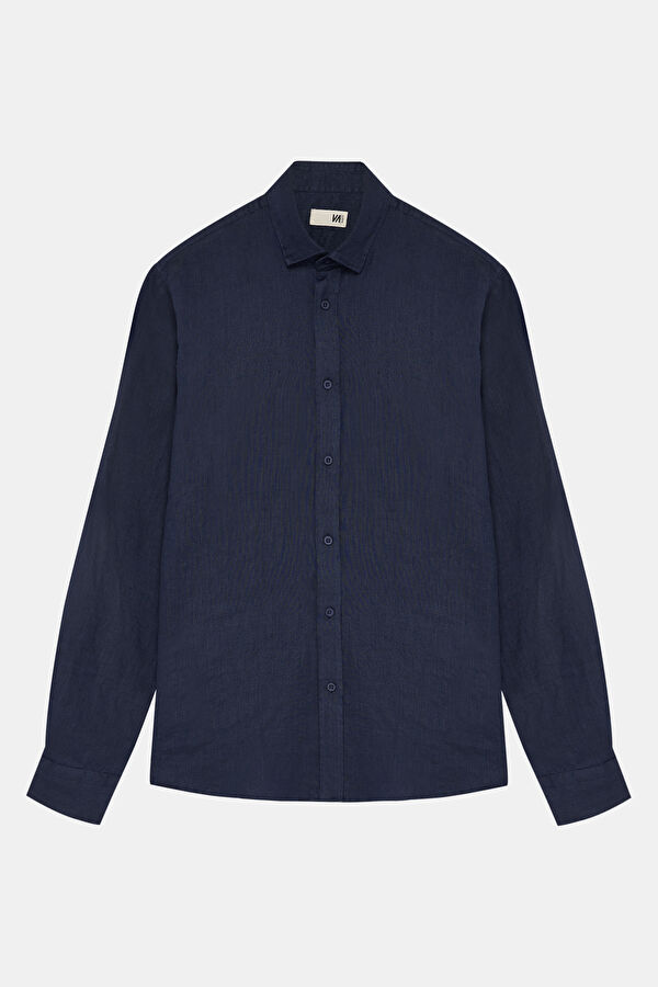 Navy Blue Linen Regular Shirt