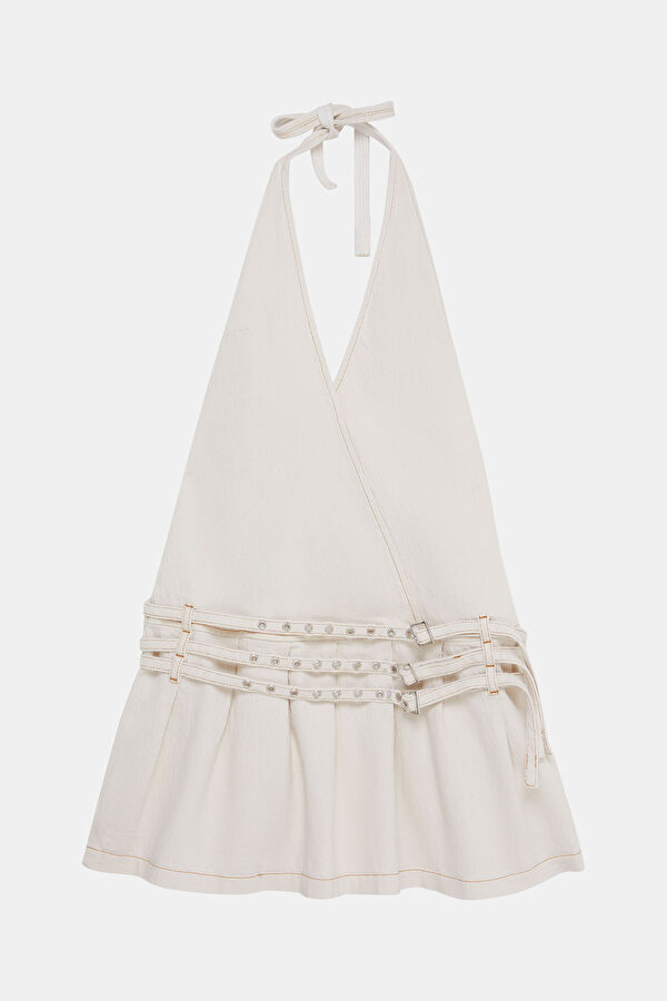 Beige Pleated Short Women's Dress 4