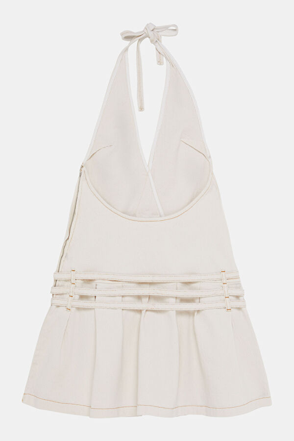 Beige Pleated Short Women's Dress 5