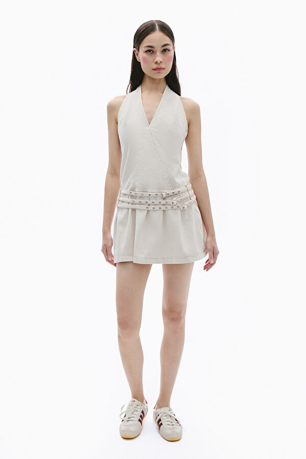 Beige Pleated Short Women's Dress