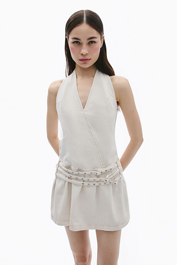 Beige Pleated Short Women's Dress 3