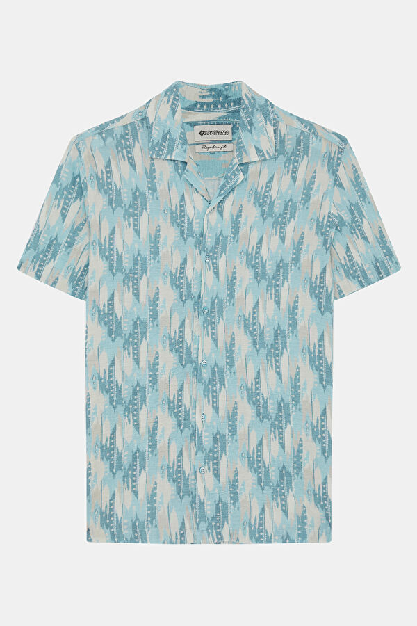 Turquoise Patterned Resort Collar Men's Shirt