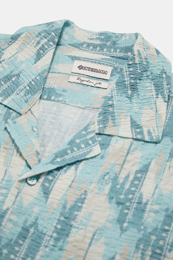 Turquoise Patterned Resort Collar Men's Shirt 3
