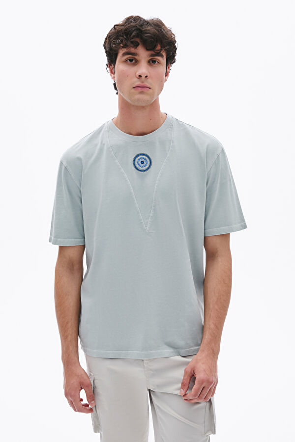Grey Crew Neck Embroidered Men's T-Shirt