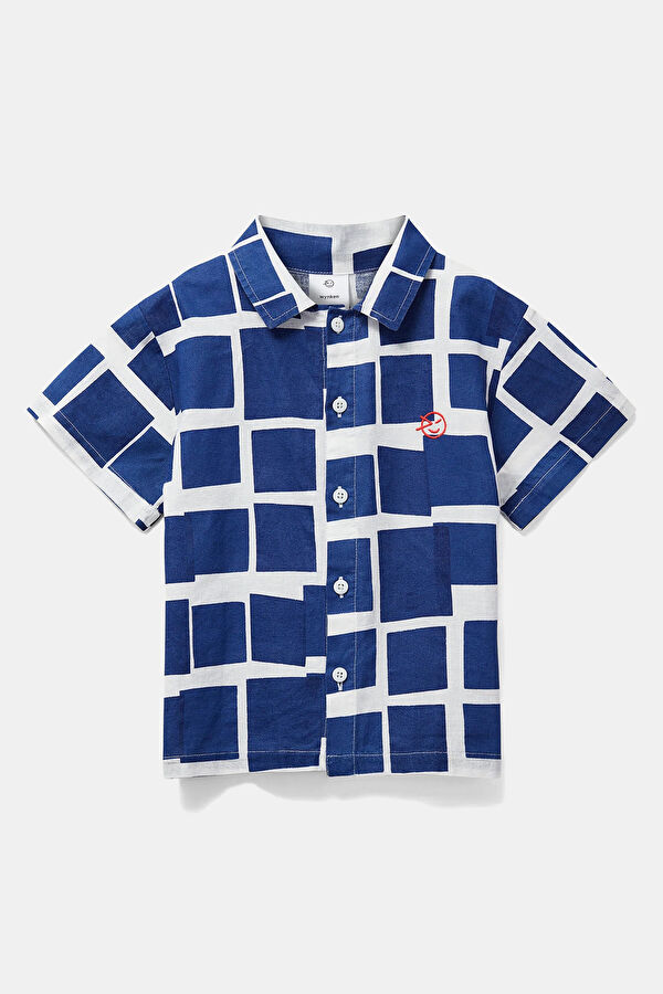 Relax Fit Navy Blue Patterned Linen Kids' Shirt