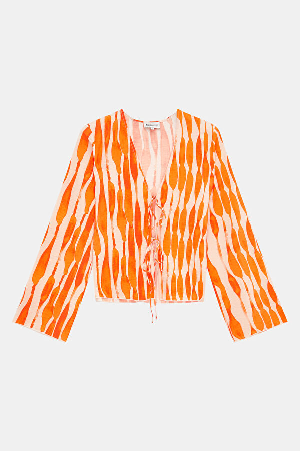 Orange Patterned Long-Sleeved Women's Blouse 3