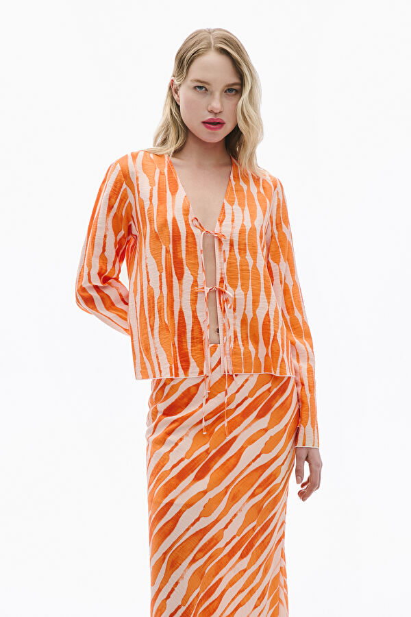 Orange Patterned Long-Sleeved Women's Blouse