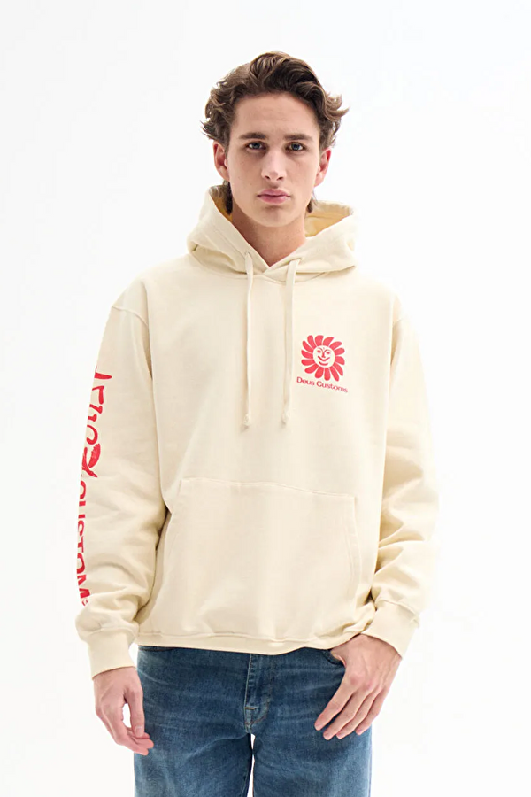 Ekru Relax Kalıp Kapuşonlu Erkek Sweatshirt