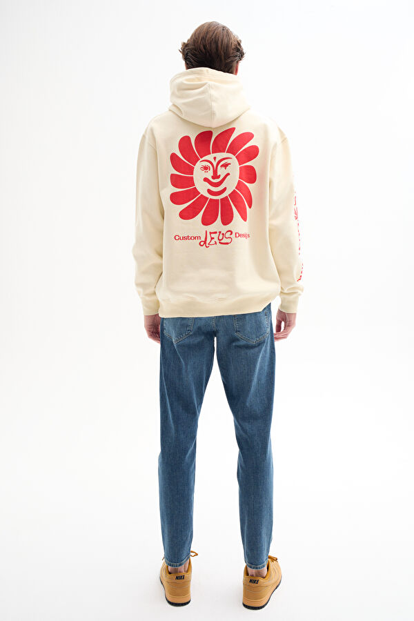 Ekru Relax Kalıp Kapuşonlu Erkek Sweatshirt 2