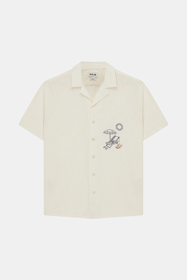Relax Pattern Linen Ecru Embroidered Resort Collar Shirt