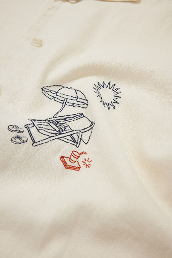 Relax Pattern Linen Ecru Embroidered Resort Collar Shirt 4