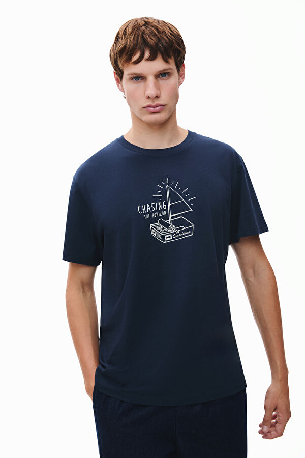 Navy Blue Crew Neck Printed Men's T-Shirt