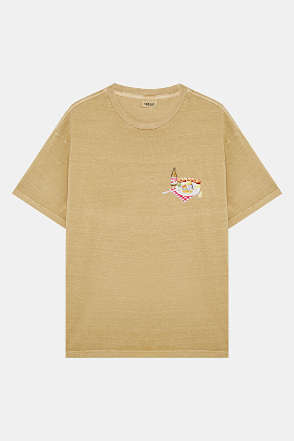 Bej Bisiklet Yaka Baskılı Erkek T-Shirt