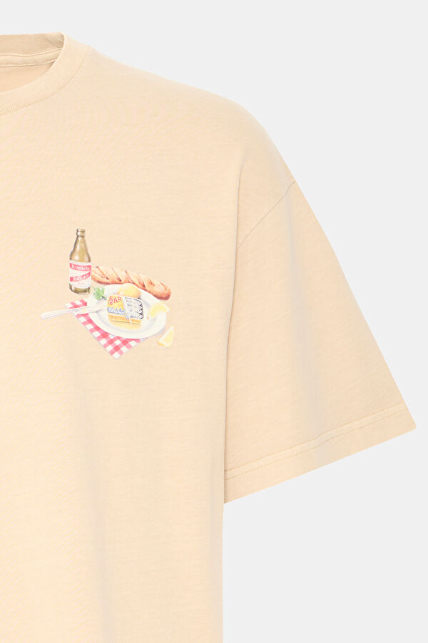 Bej Bisiklet Yaka Baskılı Erkek T-Shirt 3