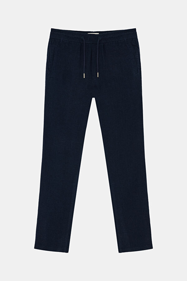 Navy Blue Slim Fit Linen Viscose Men's Trousers