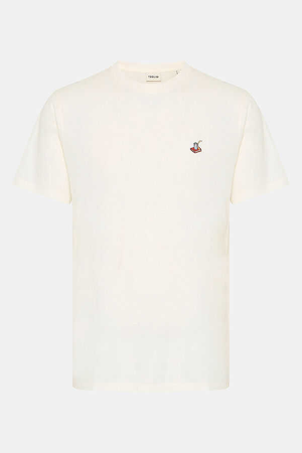 Ekru Bisiklet Yaka Baskılı T-Shirt