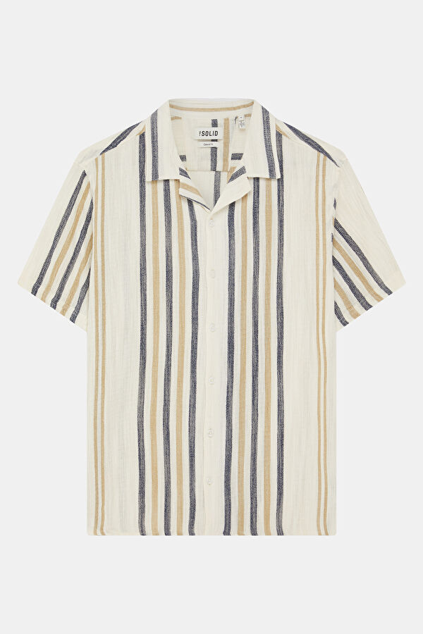 Relax Fit Cream Striped Resort Collar Men's Shirt
