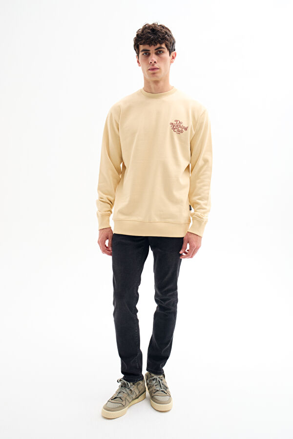 Krem Relax Kalıp Bisiklet Yaka Erkek Sweatshirt