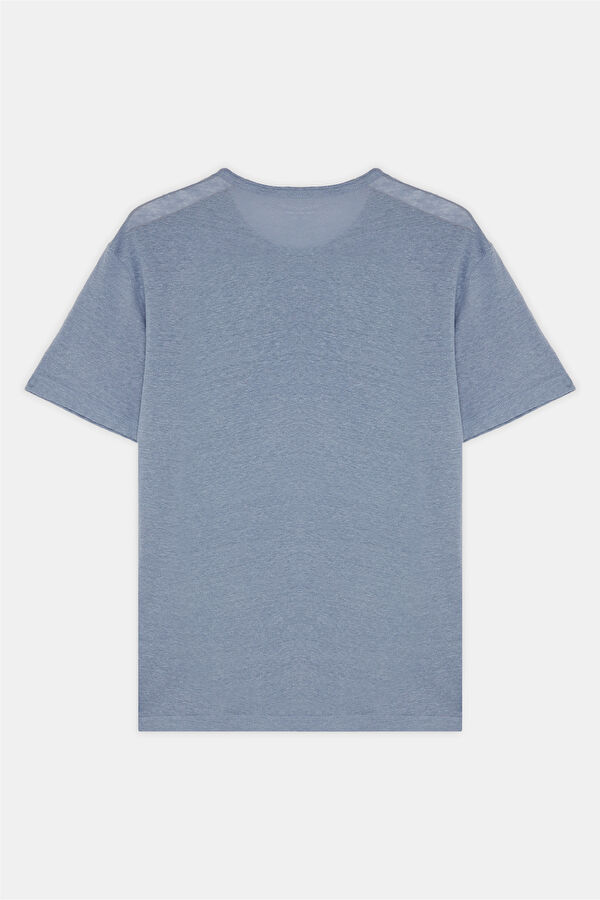 Açık Mavi Bisiklet Yaka Keten Erkek T-Shirt 2