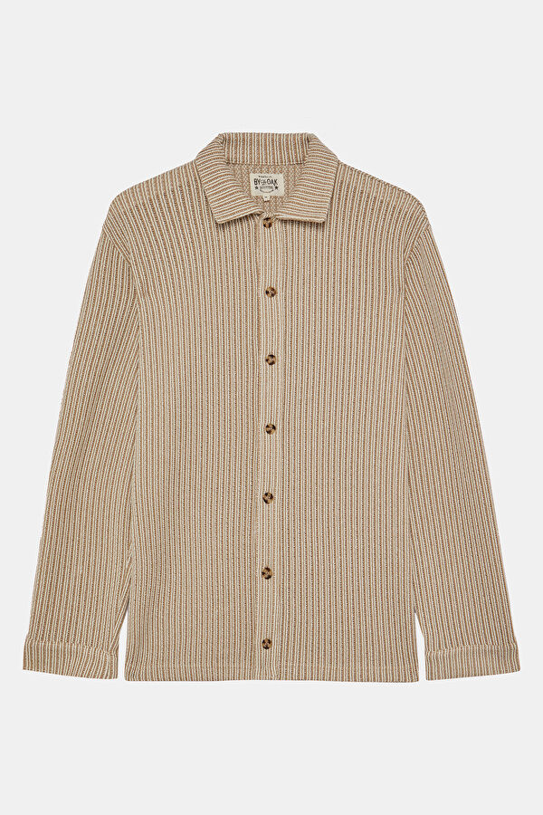 Beige Knitted Pattern Polo Collar Men's Shirt
