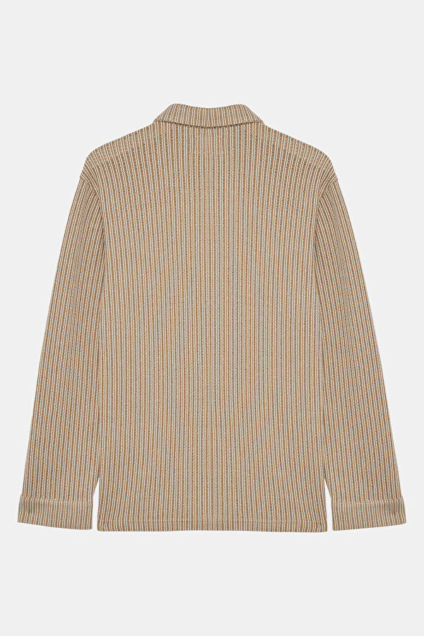 Beige Knitted Pattern Polo Collar Men's Shirt 2