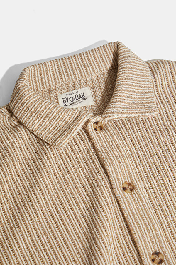 Beige Knitted Pattern Polo Collar Men's Shirt 3