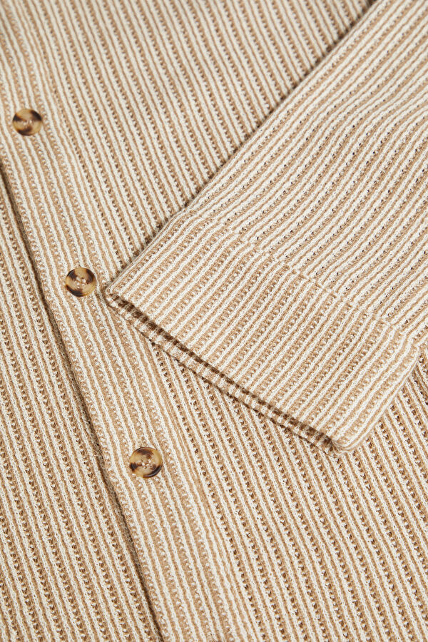 Beige Knitted Pattern Polo Collar Men's Shirt 4