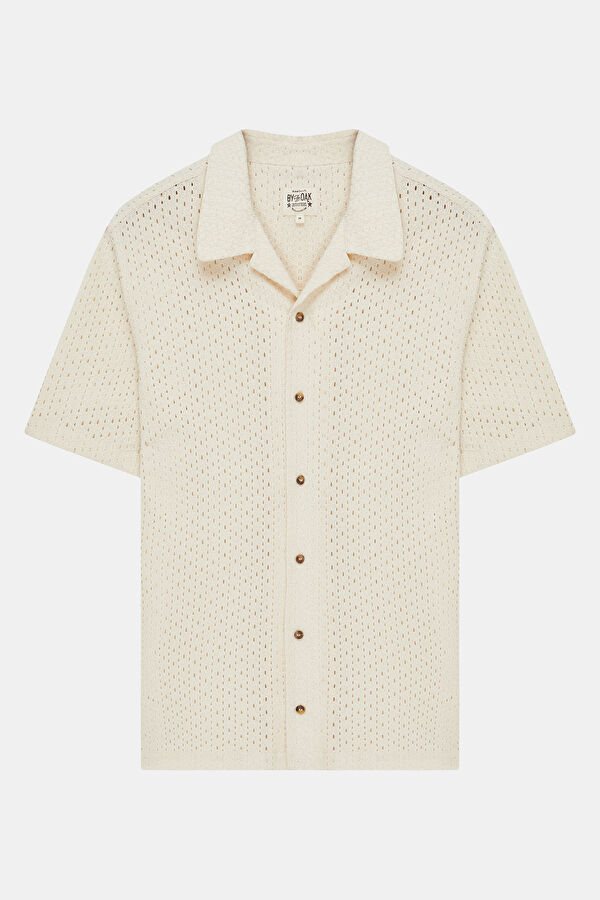 Cream Knitted Pattern Resort Collar Men's Shirt 3