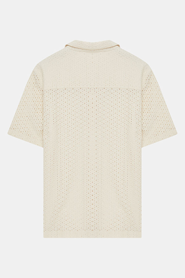 Cream Knitted Pattern Resort Collar Men's Shirt 4