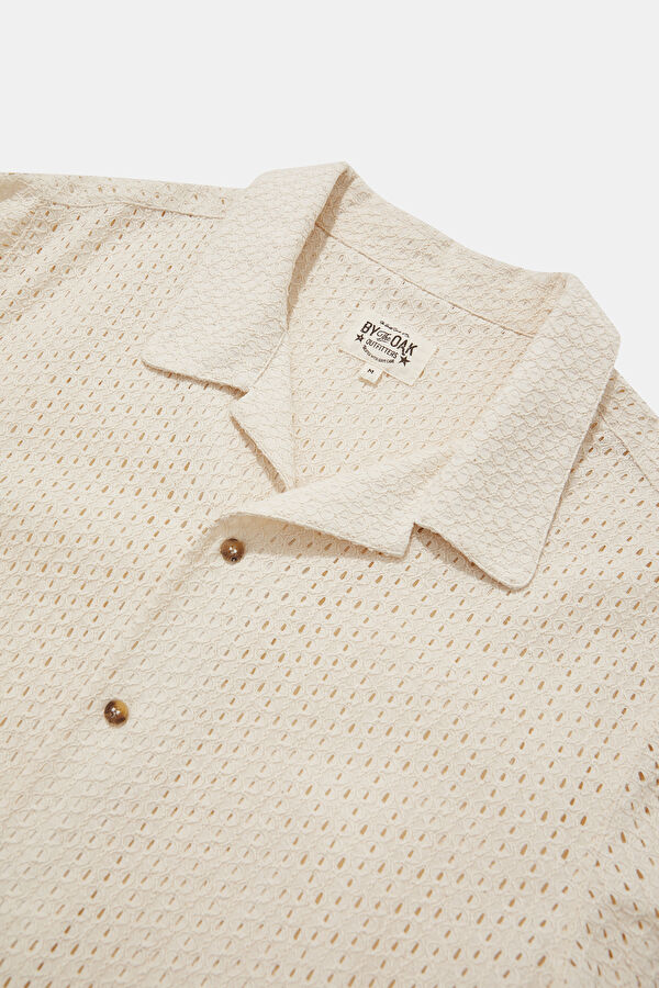 Cream Knitted Pattern Resort Collar Men's Shirt 5