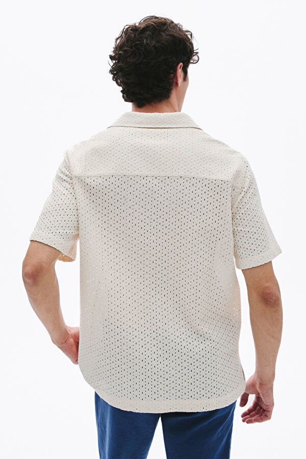 Cream Knitted Pattern Resort Collar Men's Shirt 2