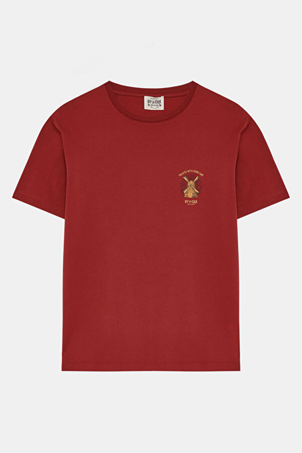 Relax Kalıp Koyu Kırmızı Bisiklet Yaka Baskılı Erkek T-Shirt