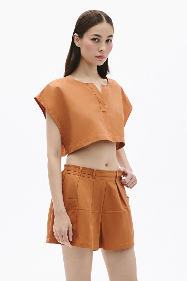 Camel Linen Sleeveless Women's Blouse