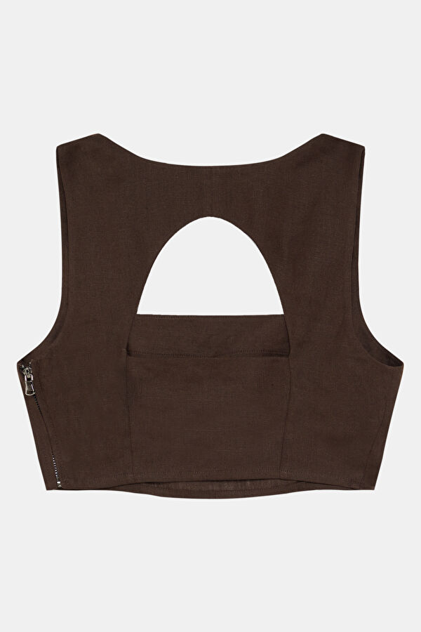 Coffee Brown Linen Sleeveless Women's Blouse 4