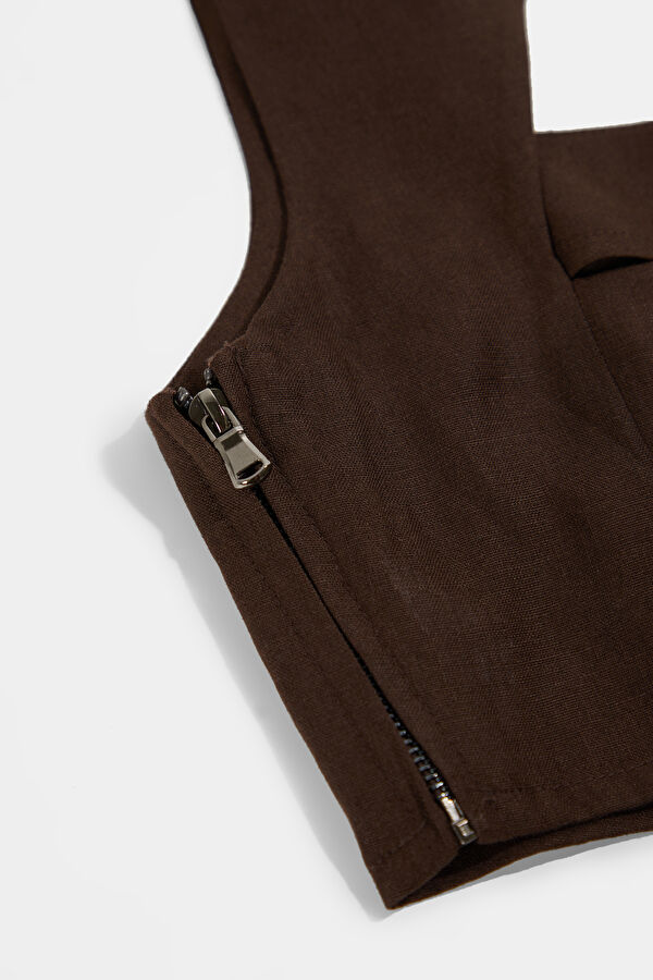 Coffee Brown Linen Sleeveless Women's Blouse 6