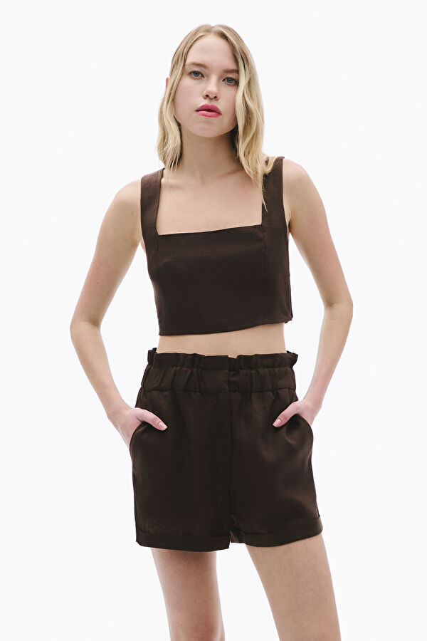 Coffee Brown Linen Sleeveless Women's Blouse