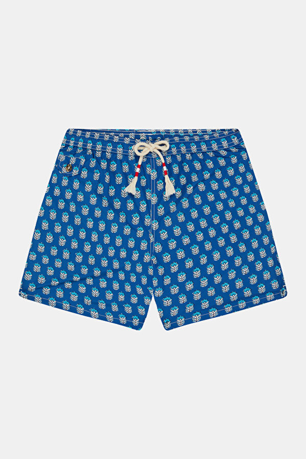 Blue Patterned Elastic Men's Swimsuit