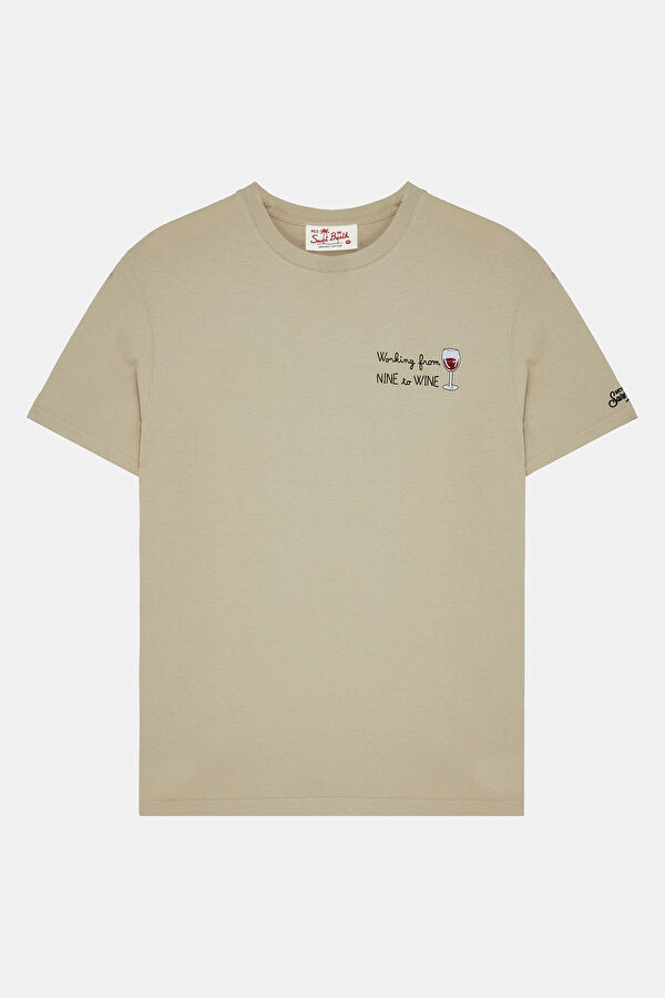 Beige Crew Neck Embroidered Men's T-Shirt