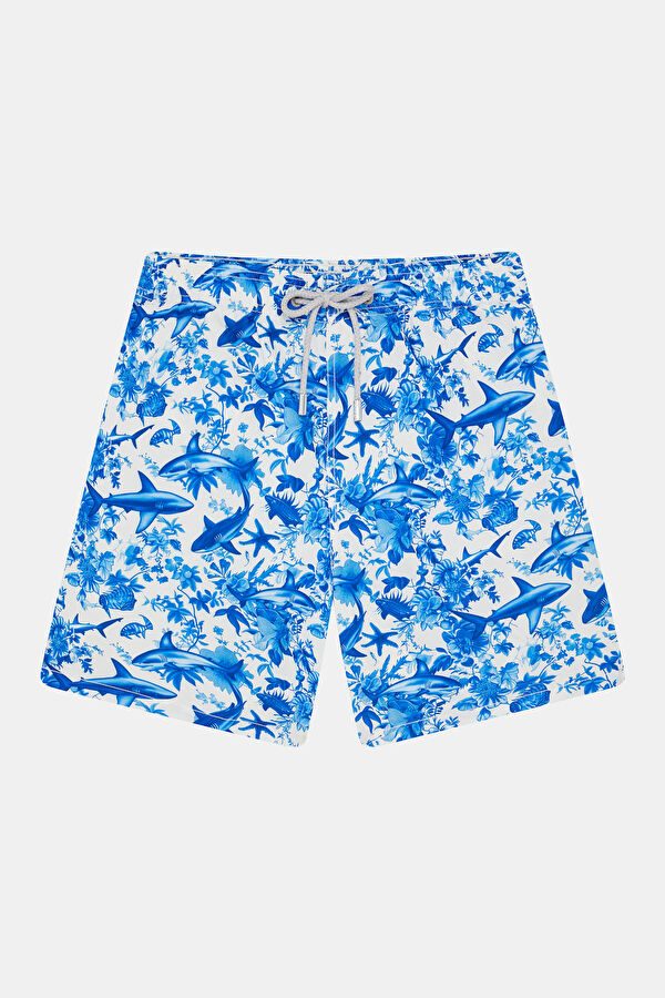 Blue Patterned Elastic Men's Swimsuit