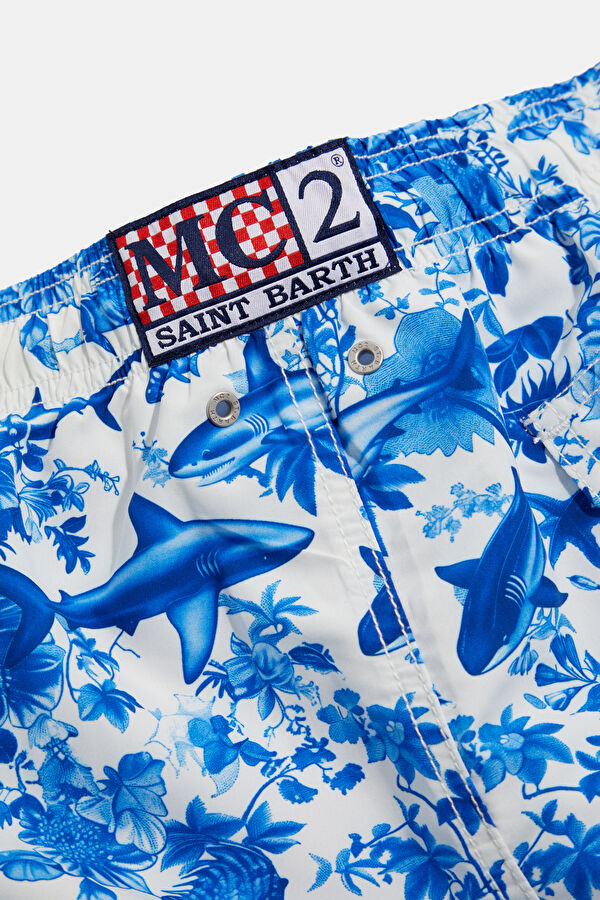Blue Patterned Elastic Men's Swimsuit 4