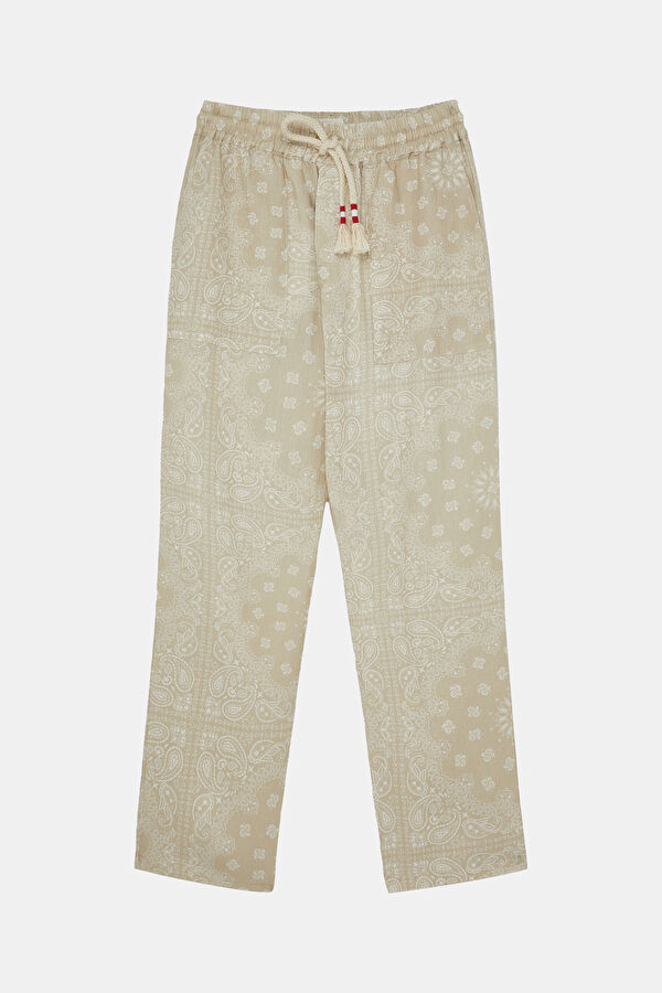 Relax Fit Beige Straight Linen Men's Pants