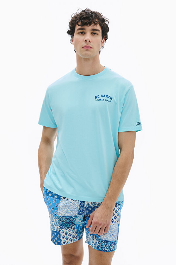 Açık Mavi Bisiklet Yaka Baskılı Erkek T-Shirt