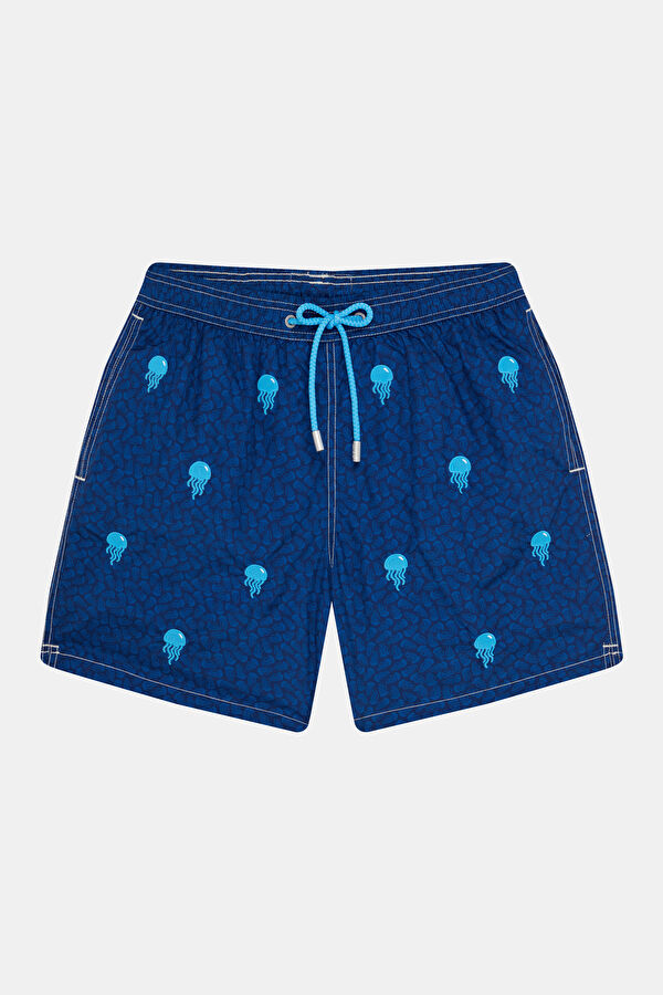 Navy Blue Embroidered Elasticated Men's Swimsuit