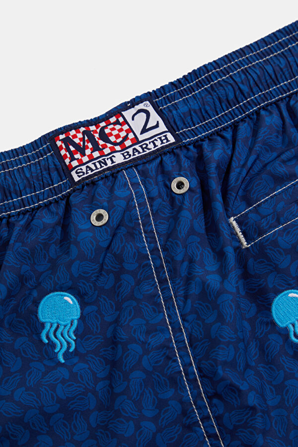 Navy Blue Embroidered Elasticated Men's Swimsuit 4