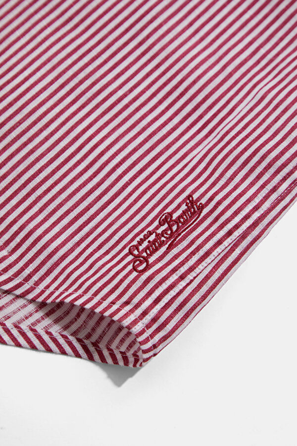 Burgundy Striped Linen Men's Shirt 5