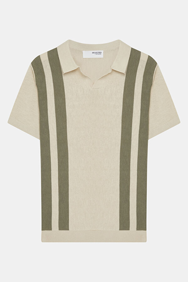 Krem Polo Yaka Çizgili Erkek T-Shirt 3
