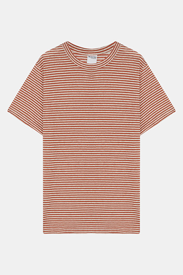 Turuncu Bisiklet Yaka Çizgili Keten Erkek T-Shirt