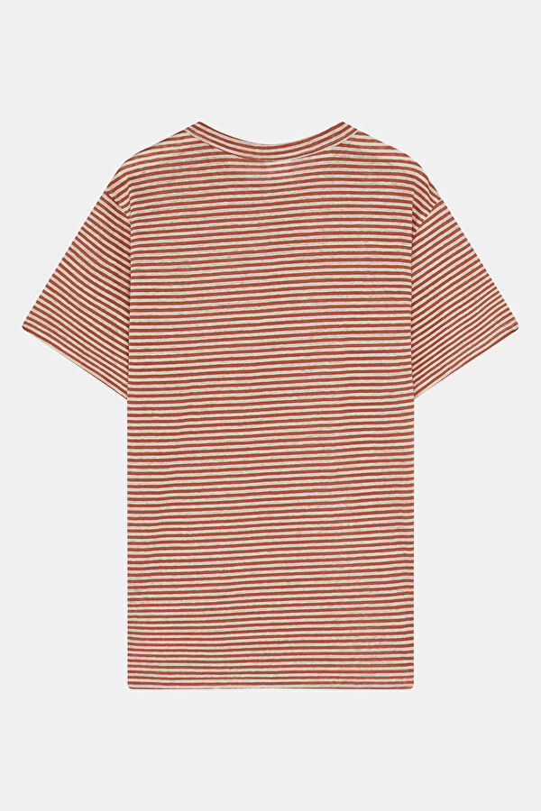 Turuncu Bisiklet Yaka Çizgili Keten Erkek T-Shirt 2