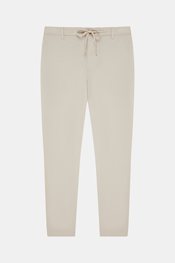 Cream-colored, straight-leg organic cotton men's trousers.